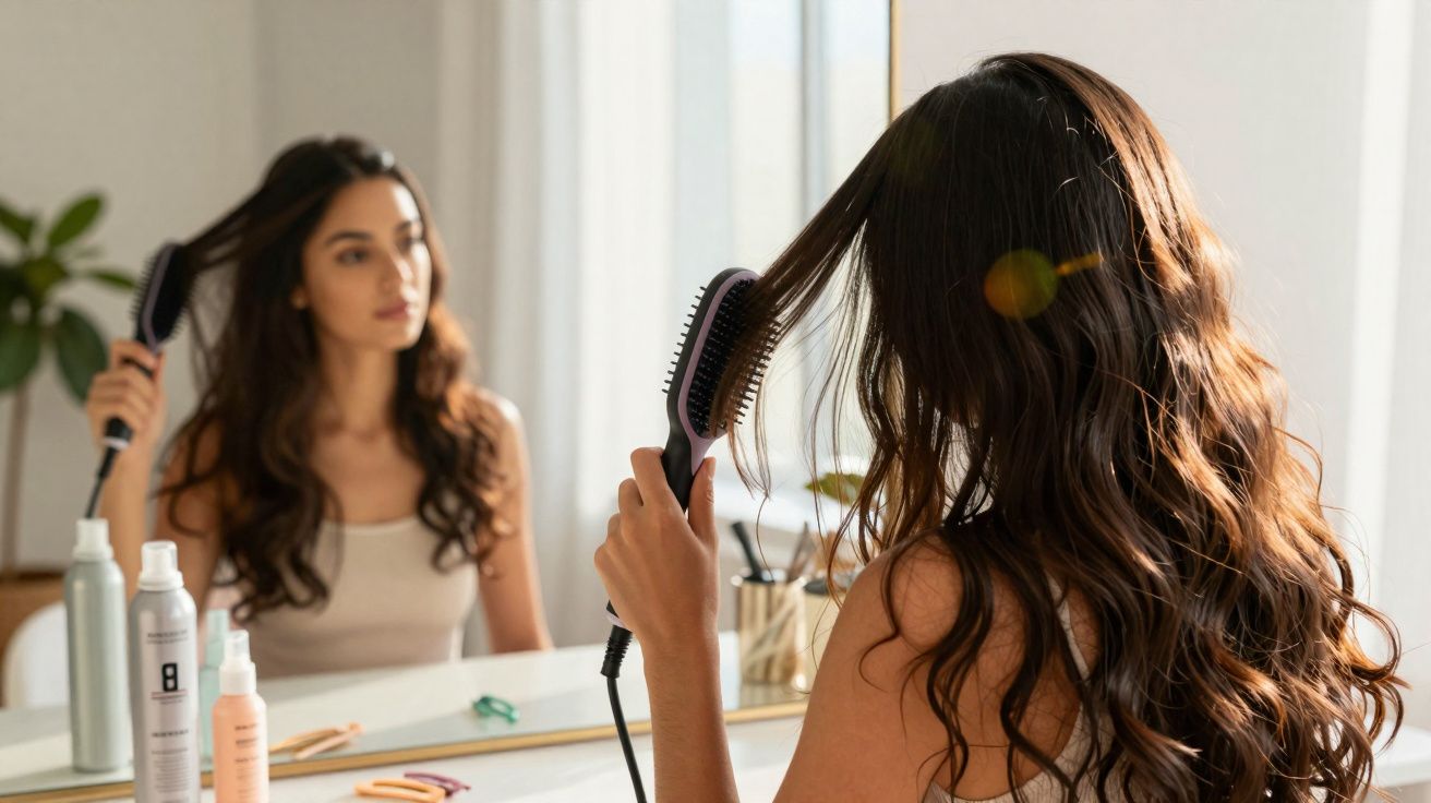 Mulher penteando o cabelo com escova alisadora em frente ao espelho em banheiro iluminado.