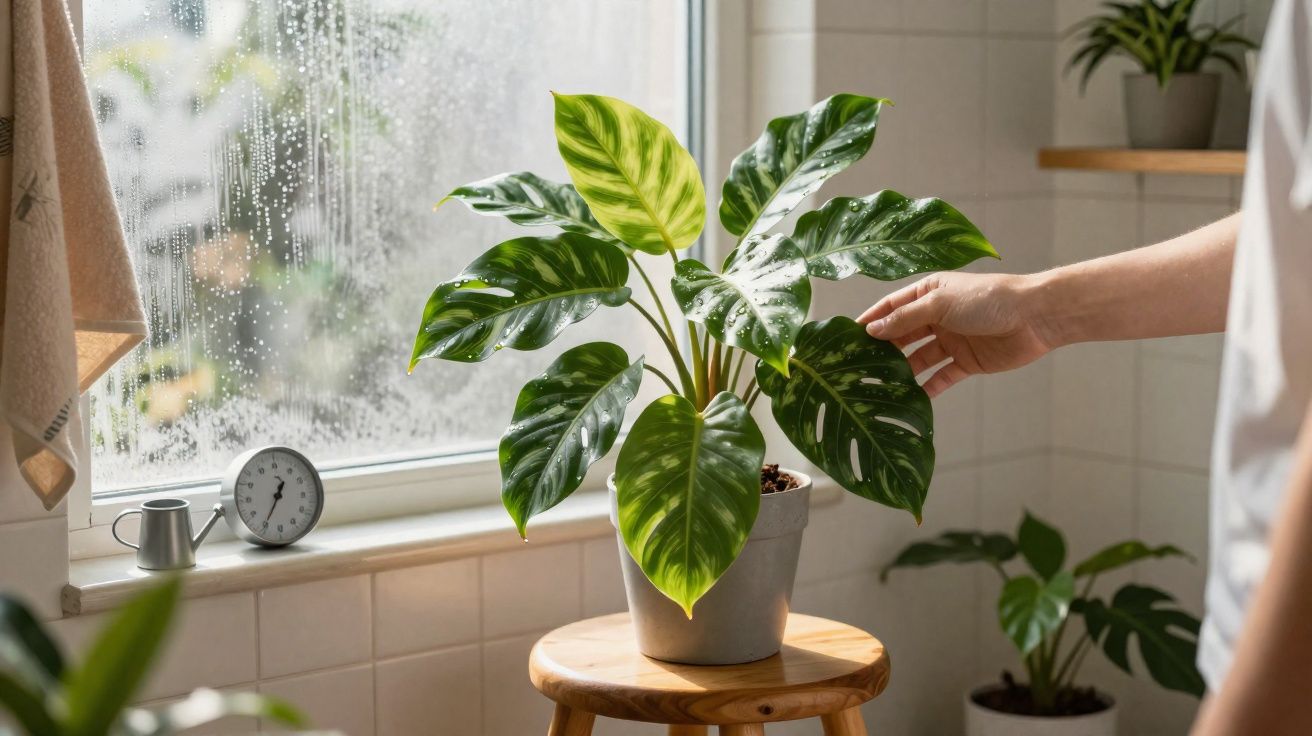 Planta verde em vaso cinza sobre banco de madeira ao lado de janela com gotas de chuva e mão tocando folha.