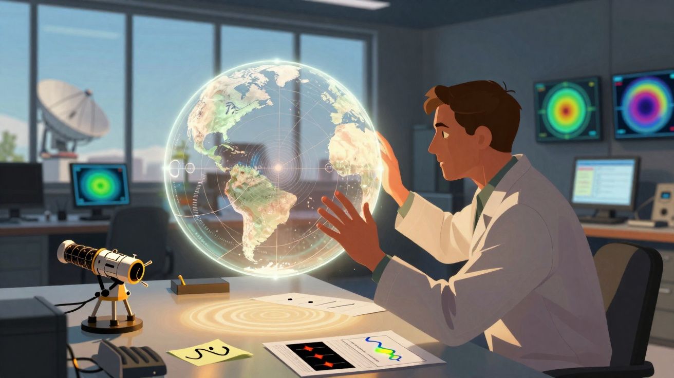 Cientista em laboratório interage com holograma do globo terrestre em ambiente tecnológico avançado.