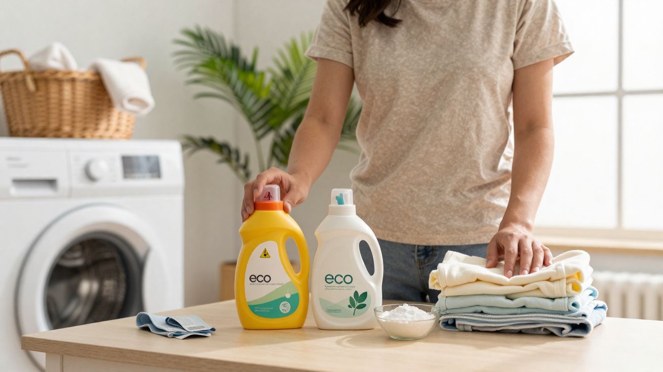Pessoa organizando roupas dobradas e duas embalagens de detergente ecológico sobre mesa em lavanderia.