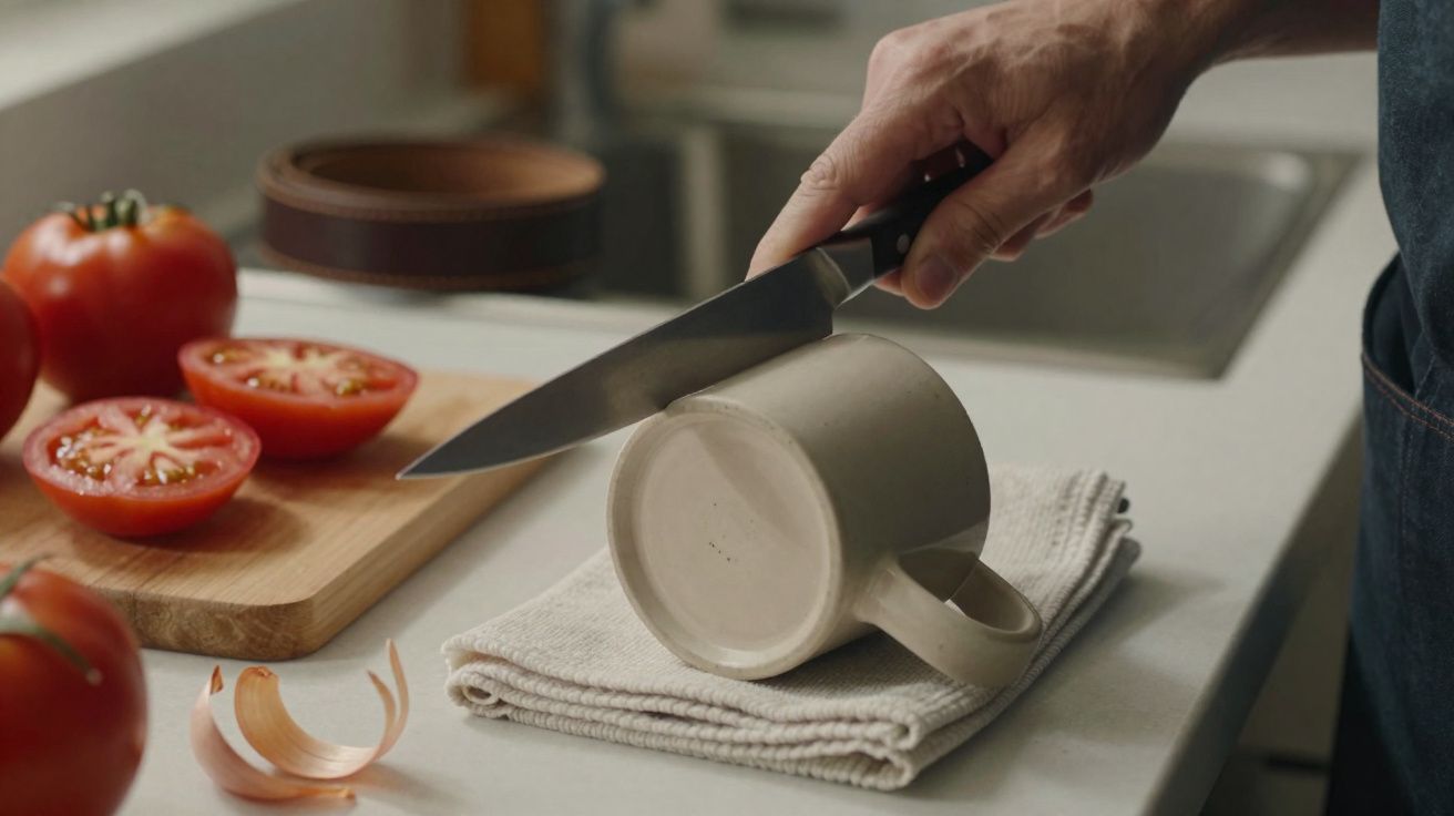 Pessoa afia faca na borda de caneca invertida sobre pano na bancada da cozinha, com tomates cortados ao fundo.