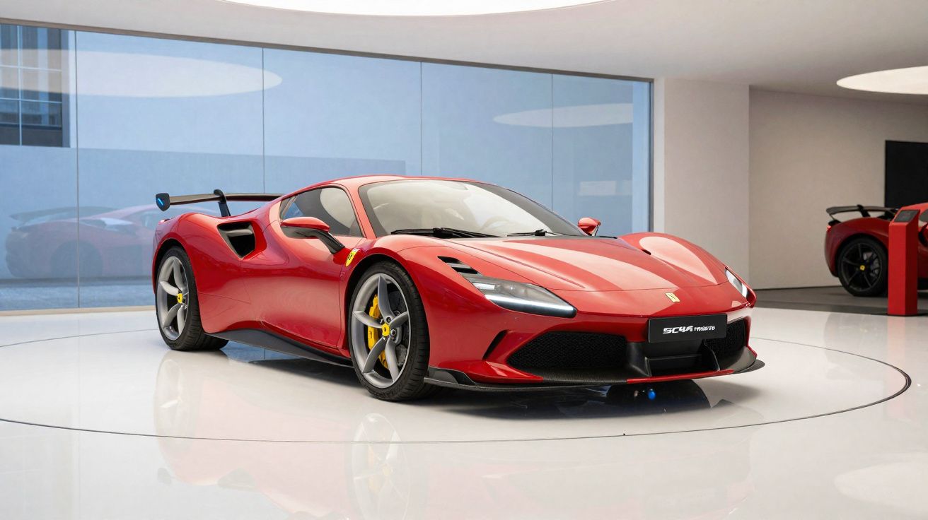 Carro esportivo vermelho Ferrari com rodas pretas e detalhes amarelos em exposição interna moderna.