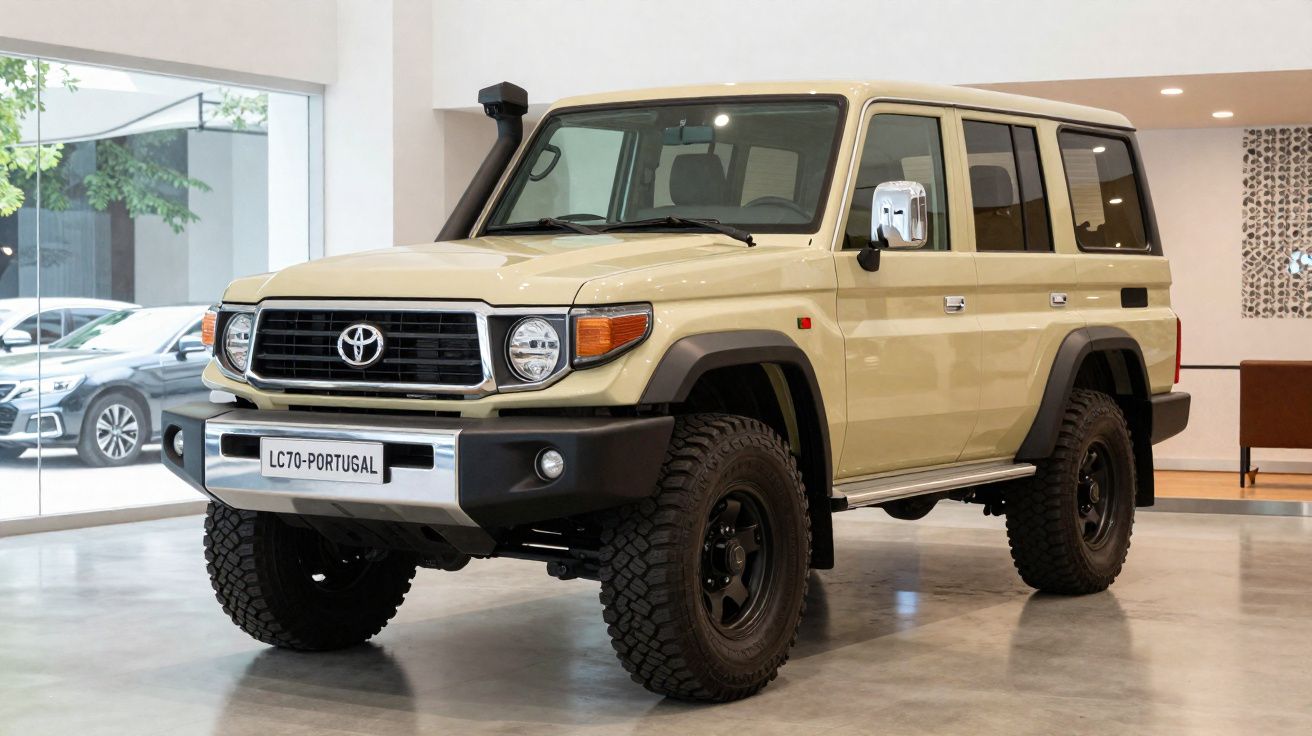 SUV Toyota Land Cruiser bege estacionado em showroom moderno.
