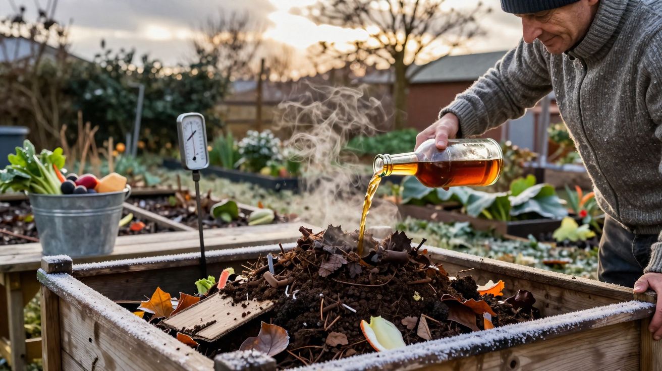 Homem regando uma pilha de compostagem em caixa de madeira no jardim ao entardecer.