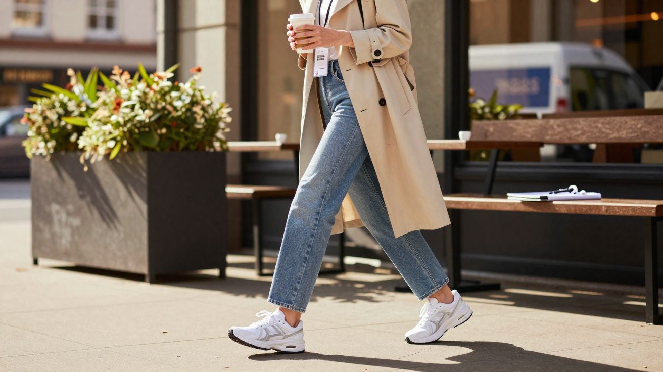 Pessoa caminhando na calçada usando trench coat bege, calça jeans e tênis brancos, segurando copo de café.
