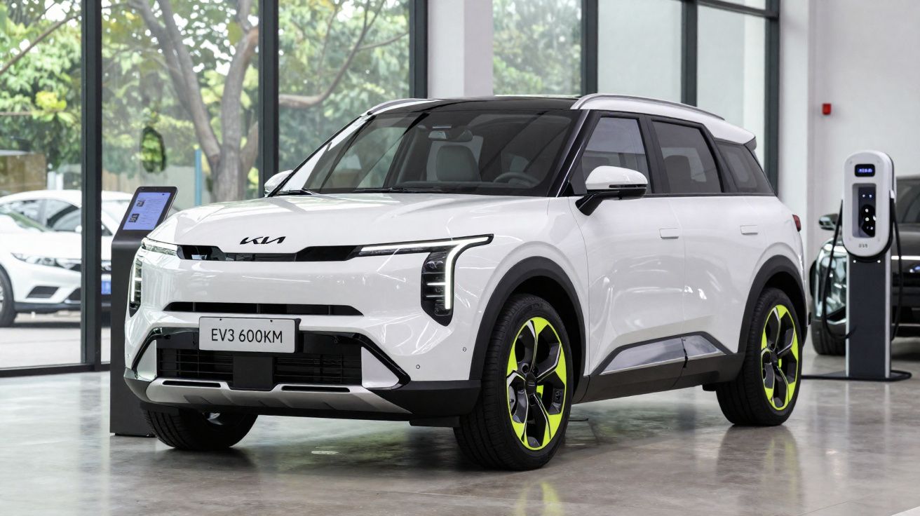 Carro elétrico branco Kia EV3 600KM em showroom com estação de recarga ao fundo.