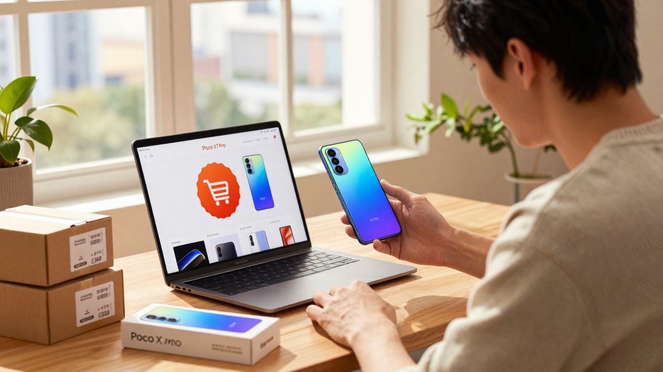 Pessoa segurando smartphone azul gradiente enquanto pesquisa o produto em laptop em mesa com caixas e planta.
