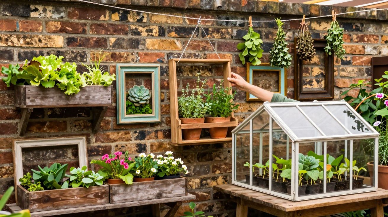 Parede de tijolos com jardins suspensos, vasos de plantas, ervas secando e mini estufa com mudas verdes.