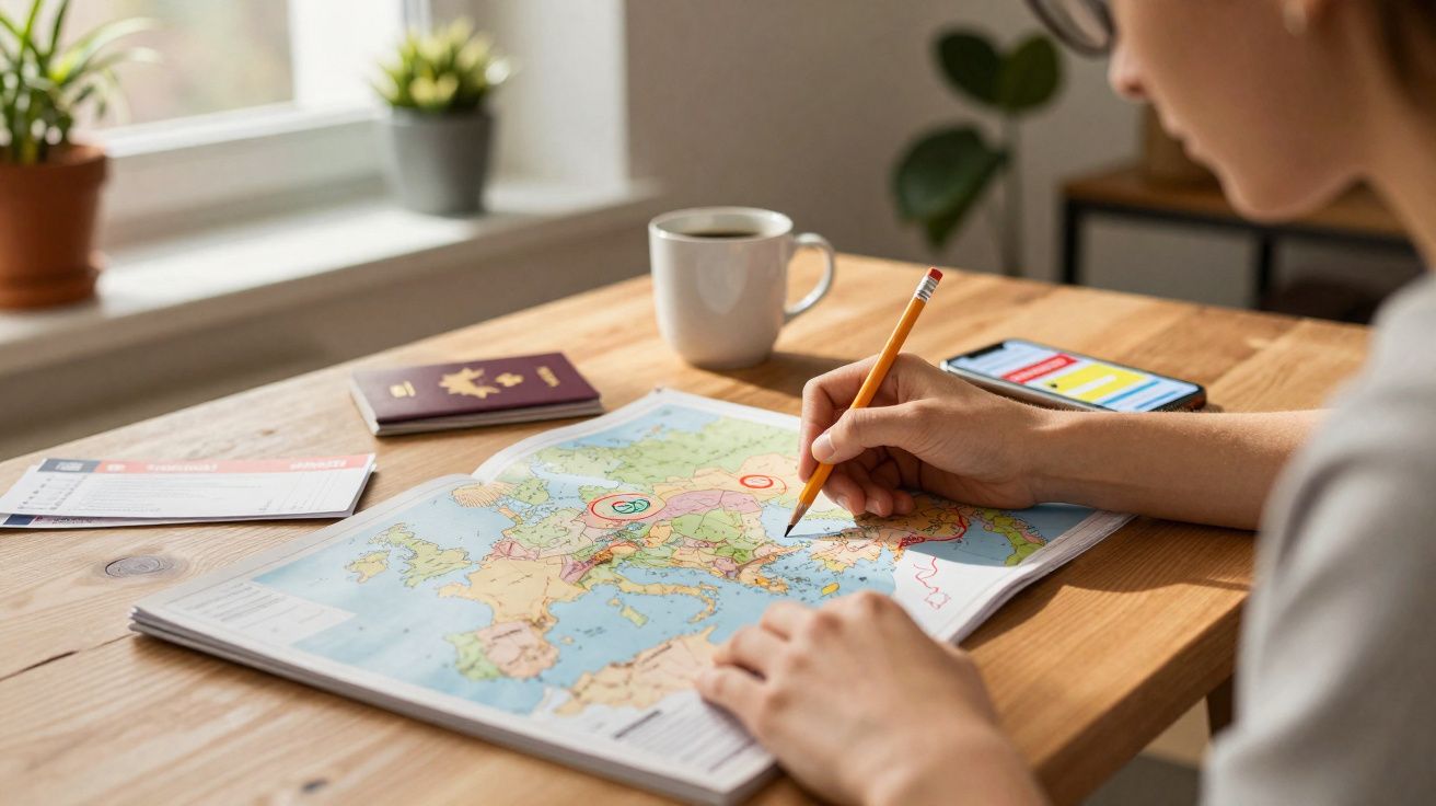 Pessoa traçando rotas em mapa da Europa sobre mesa com xícara, passaporte e celular ao lado.