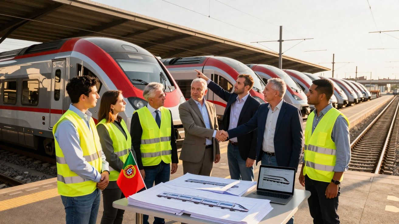 Grupo de profissionais em plataforma ferroviária com trens modernos e projetos sobre mesa.