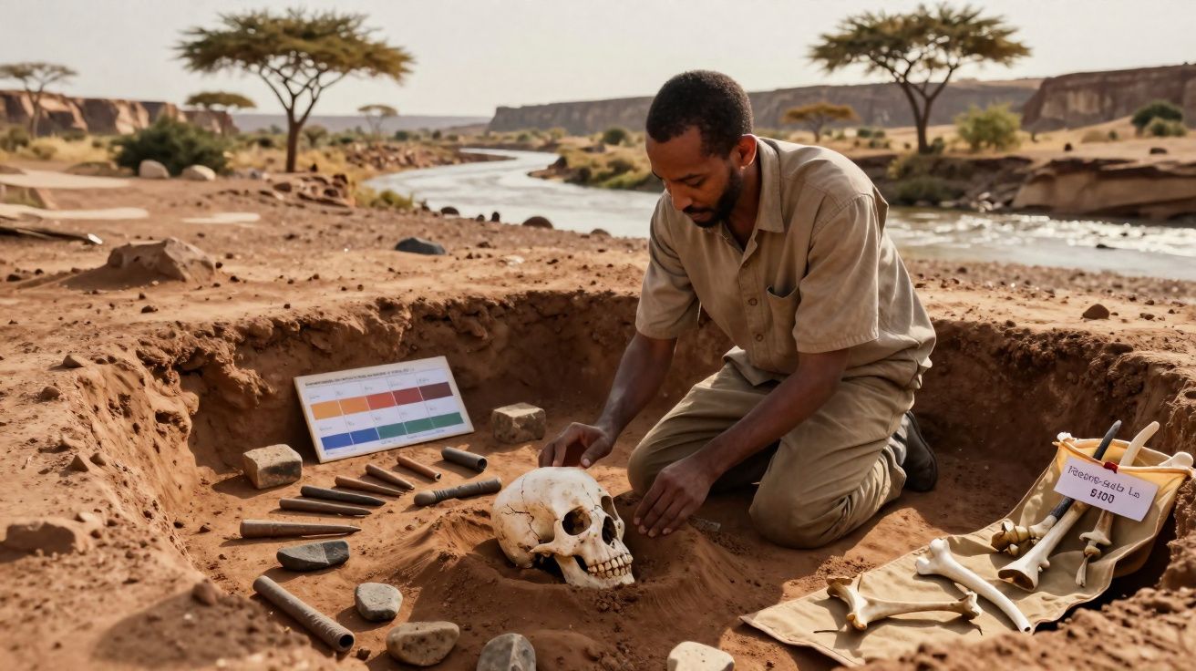 Homem realiza escavação arqueológica em sepultura com crânio humano no deserto próximo a um rio.