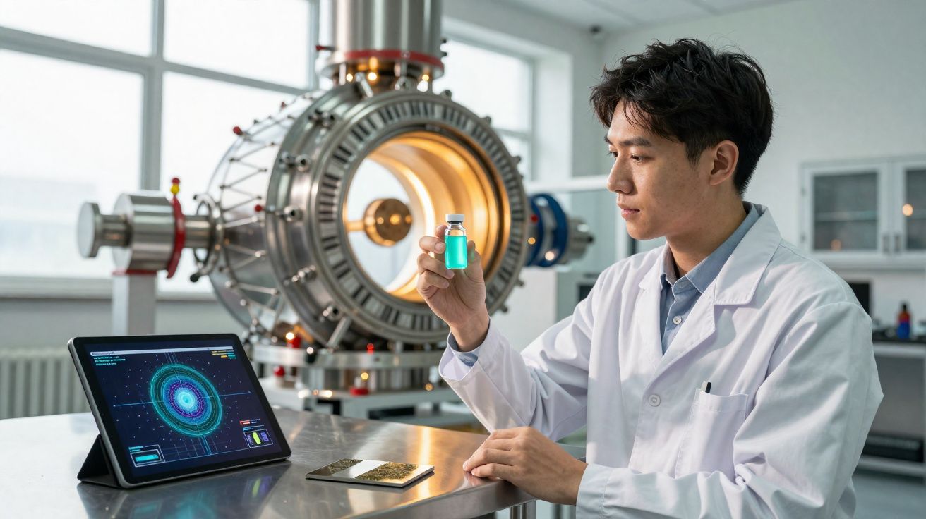 Cientista em laboratório segurando frasco com líquido verde, com equipamento científico e tablet ao fundo.