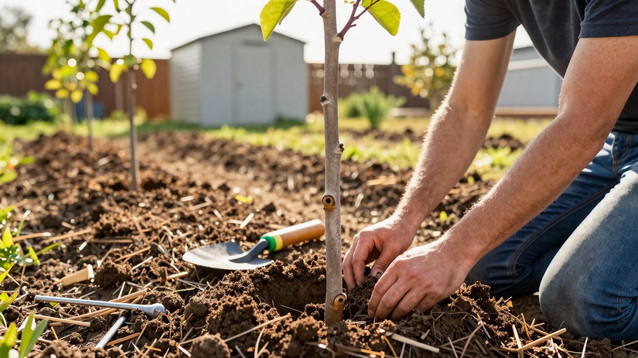 Pessoa plantando uma muda de árvore em solo preparado em um jardim com utensílios de jardinagem ao redor.