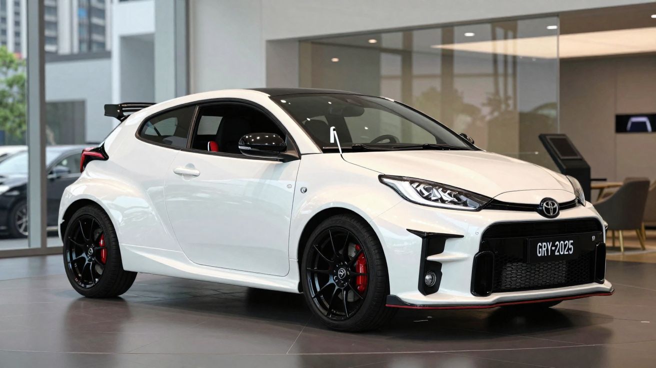 Carro esportivo branco Toyota GR Yaris 2025 exibido em showroom interno moderno.