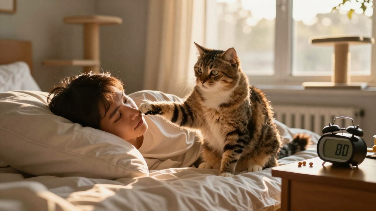 Gato tocando o rosto de uma pessoa deitada na cama com luz suave da manhã entrando pela janela.