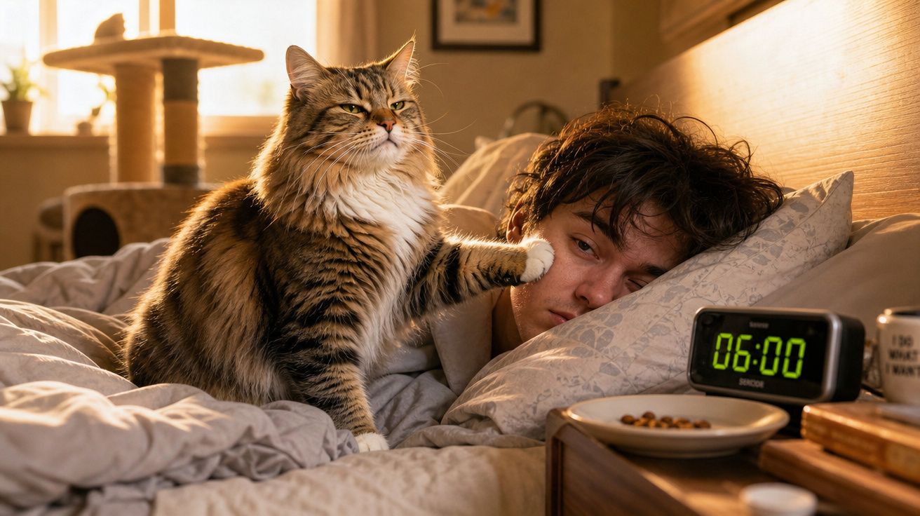 Gato acordando pessoa na cama pela manhã, relógio marcando 6h e prato com comida ao lado.