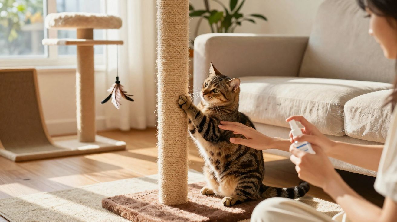 Gato arranhando poste de sisal enquanto pessoa aplica spray em suas patas em sala iluminada.