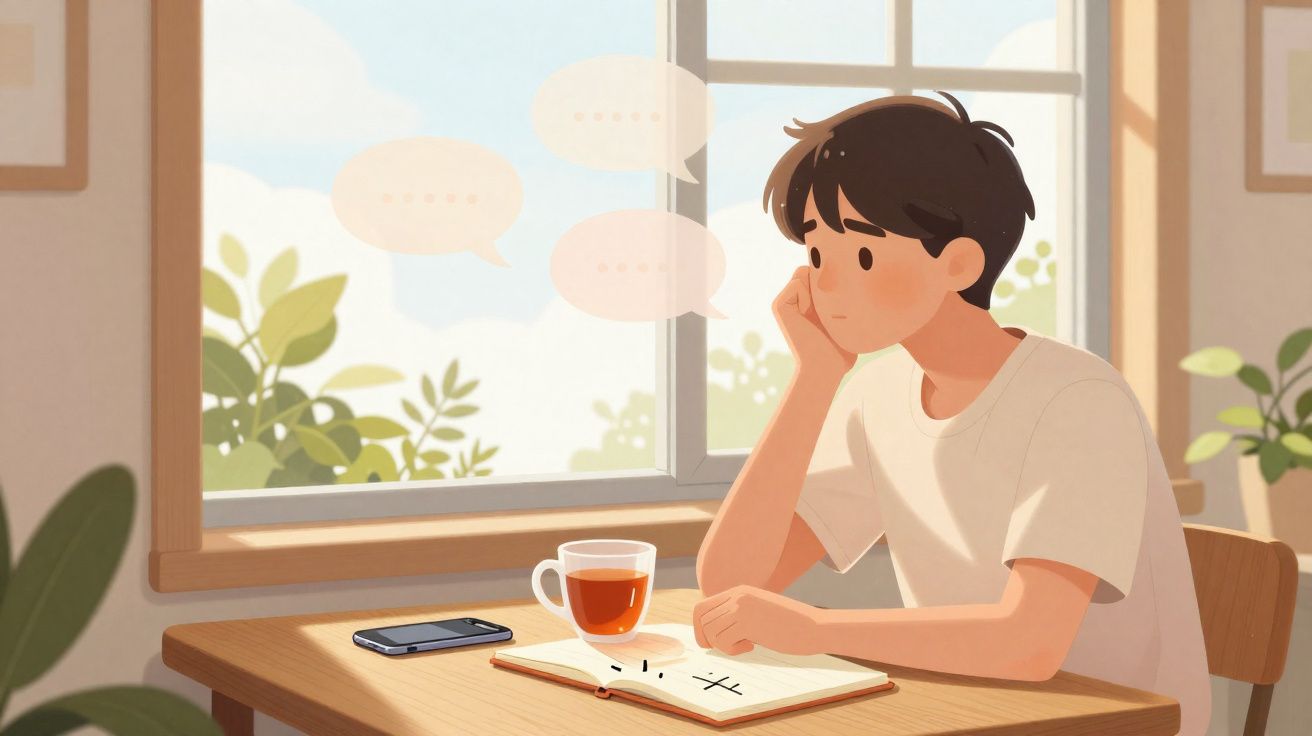 Jovem sentado à mesa, com livro aberto e chá, olhando pela janela em um ambiente tranquilo e iluminado.