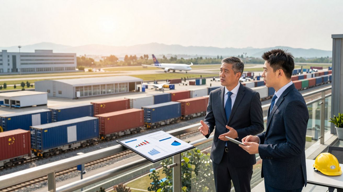 Dois homens de terno discutindo gráficos em área externa próxima a contêineres e aeroporto ao fundo.