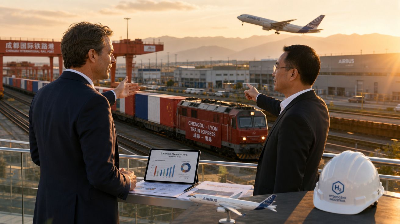 Dois homens em terno observam trem e avião no pátio da Airbus ao pôr do sol, com gráficos em laptop à frente.