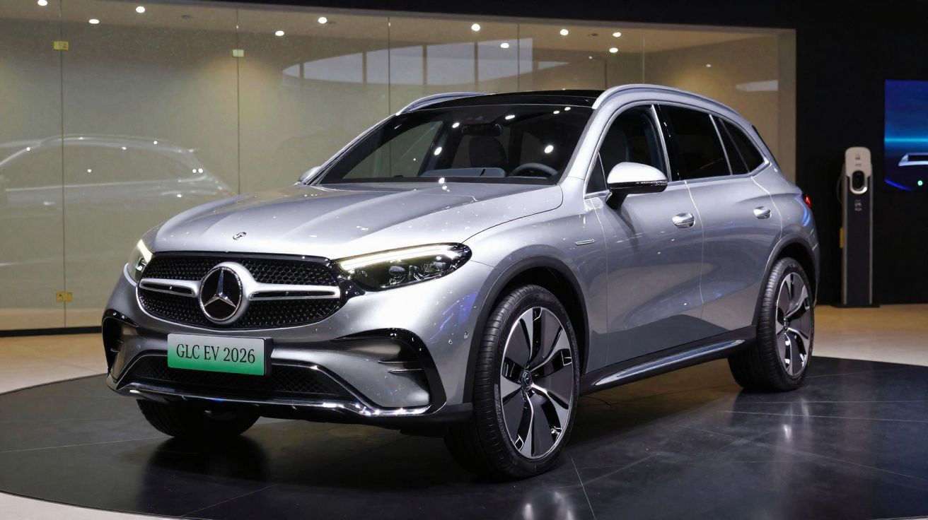 Carro elétrico Mercedes-Benz GLC EV 2026 prata exibido em salão moderno com luzes refletidas.