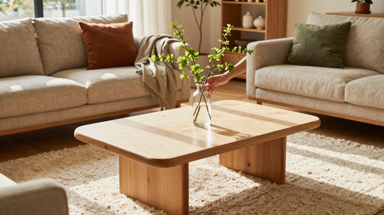 Sala de estar com sofá bege, mesa de centro de madeira clara e vaso com galho verde.