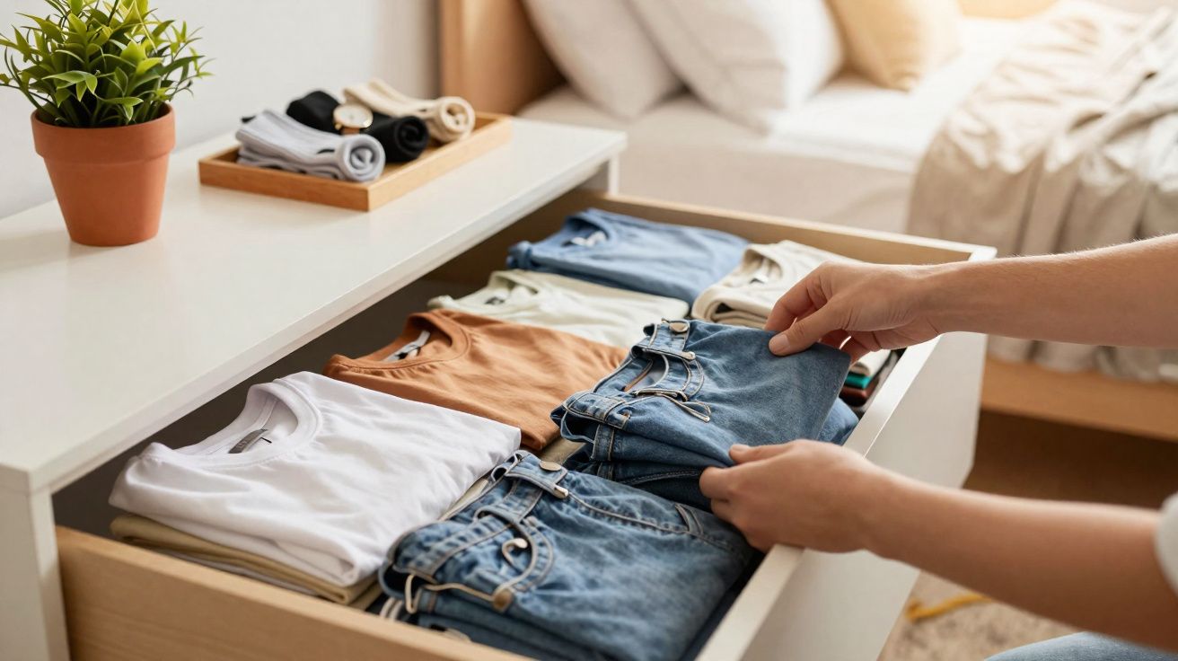 Pessoa organizando roupas em gaveta com camisetas e calças jeans, ao lado de cama e planta.