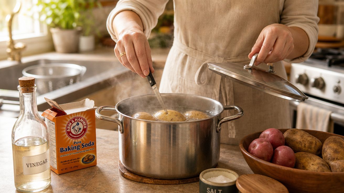 Pessoa cozinhando batatas em panela com vinagre, bicarbonato e sal ao redor na cozinha.