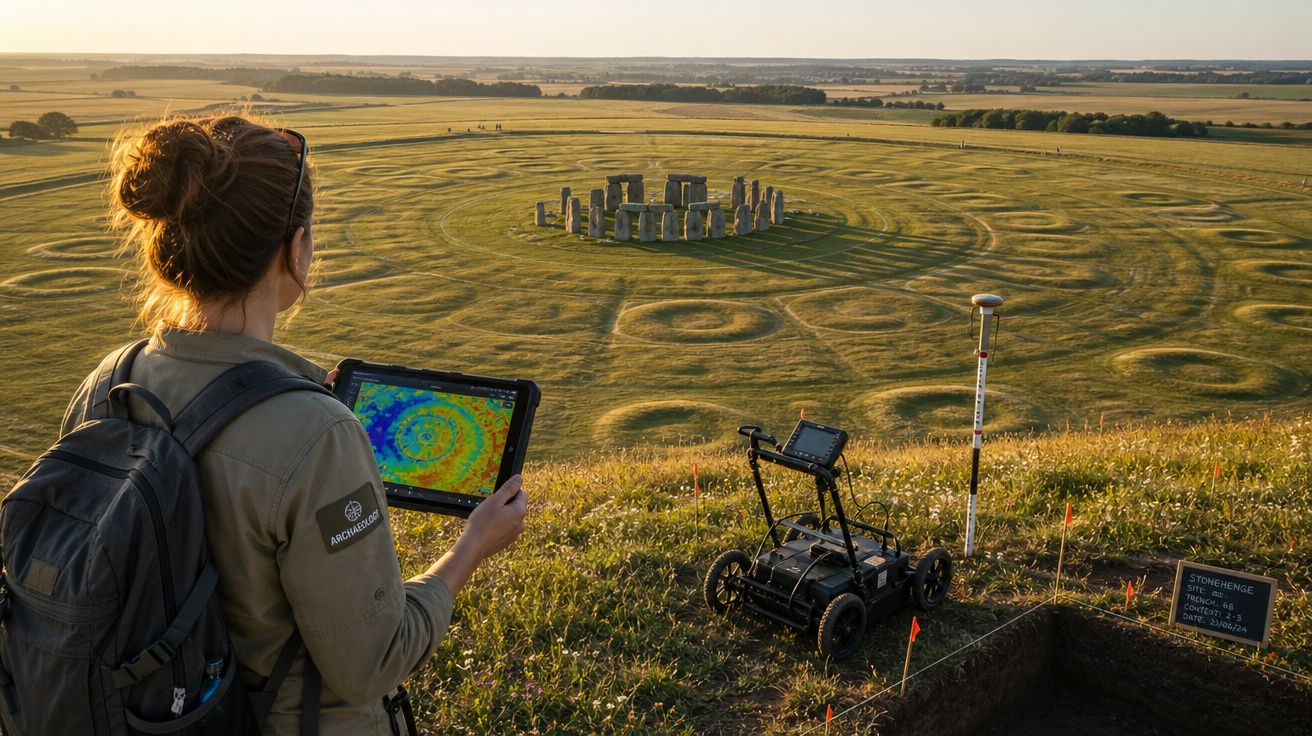 Mulher com tablet realiza escavação arqueológica digital próximo ao monumento de Stonehenge ao entardecer.