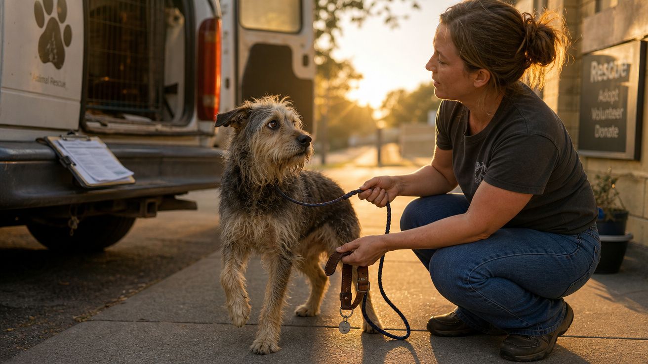Mulher agachada segurando coleira de cachorro com aparência de vira-lata ao pôr do sol em abrigo animal.