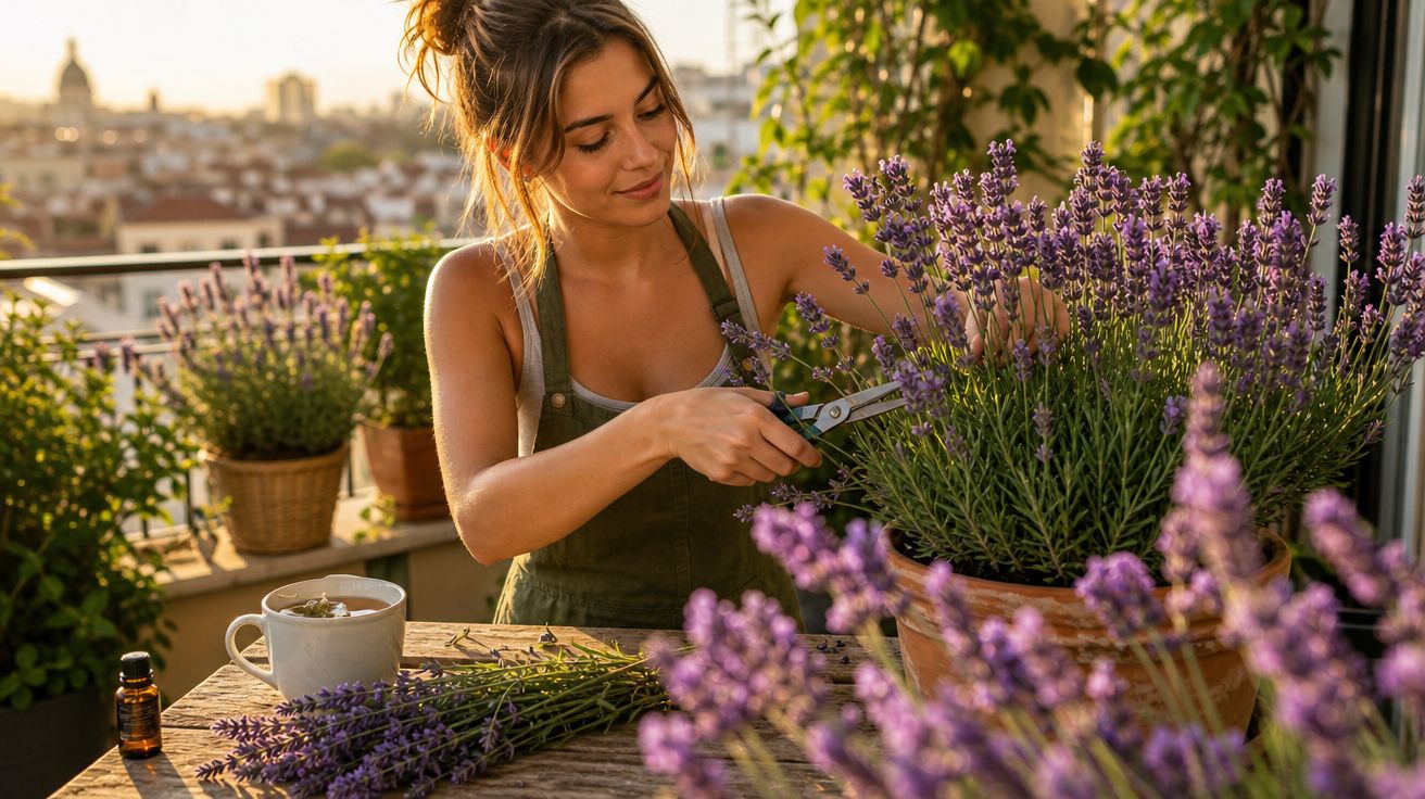 Mulher cuidando de plantas de lavanda num terraço ao pôr do sol, com xícara e garrafa na mesa.