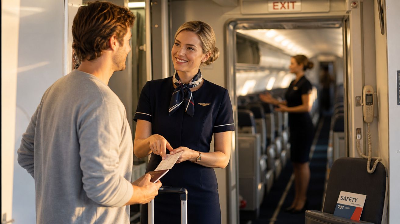 Comissária de bordo sorridente verifica passagem de passageiro em avião antes do embarque.