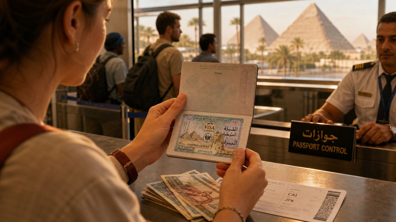 Pessoa mostrando passaporte com visto em controle de passaporte com vista das pirâmides de Gizé ao fundo.