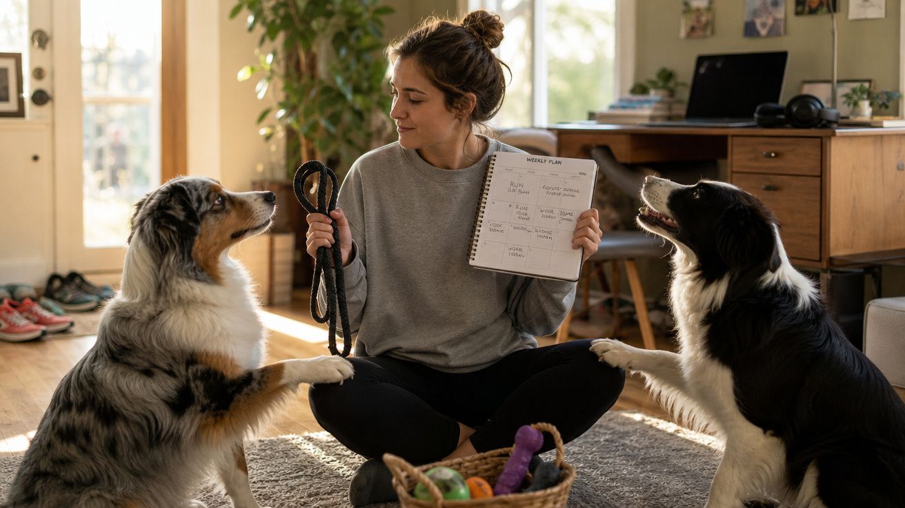 Mulher sentada no chão da sala com dois cães, segurando coleira e agenda com plano semanal.