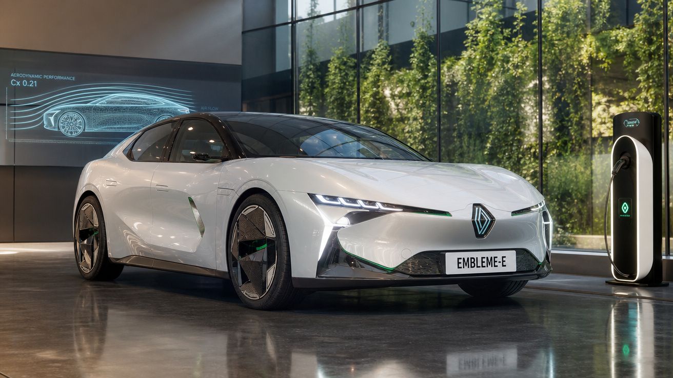 Carro elétrico branco Embleme-E estacionado próximo a carregador em ambiente moderno com projeção técnica na parede.