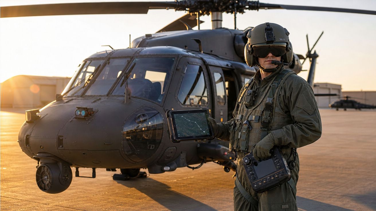 Militar em traje completo com tablet na mão próximo a helicóptero militar no pôr do sol.