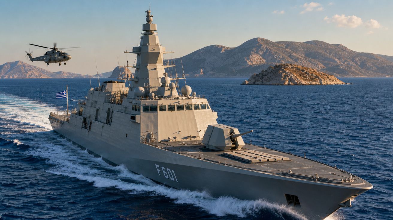 Navio de guerra F601 navegando em mar azul com helicóptero voando ao lado e ilhas ao fundo.
