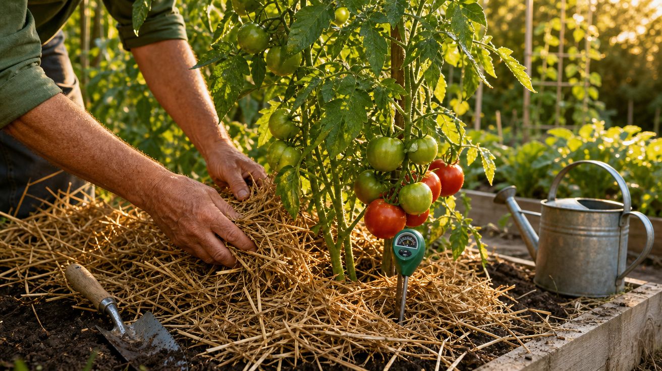 Pessoa cobrindo solo com palha ao redor de planta de tomateiros com frutos verdes e vermelhos.