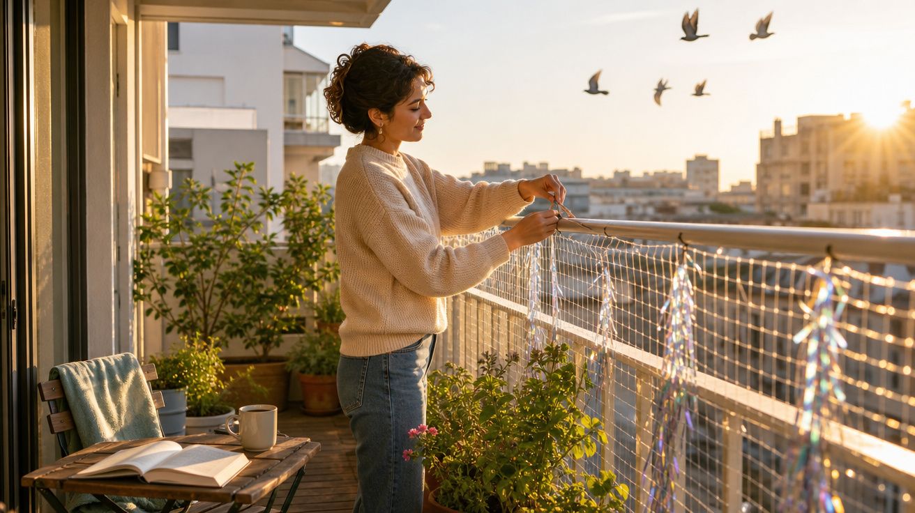 Mulher ajeitando luzes decorativas na varanda de apartamento ao pôr do sol com pássaros voando ao fundo.