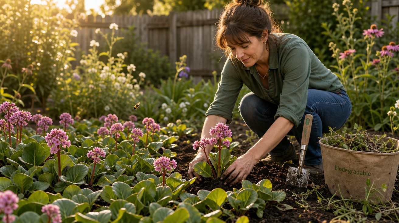 Mulher cuidando de flores cor-de-rosa em jardim ao ar livre ao entardecer.