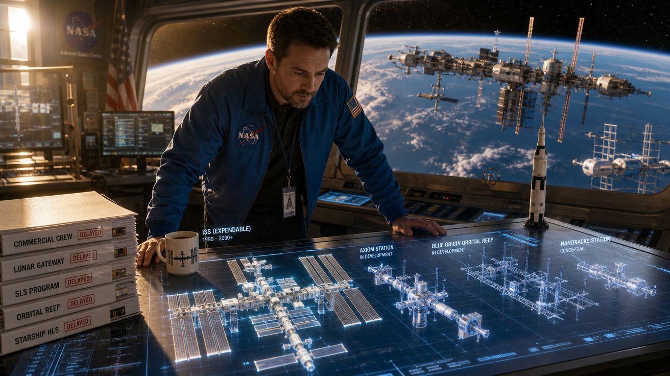 Homem na NASA analisa maquete digital de estações espaciais com a Terra ao fundo pela janela.