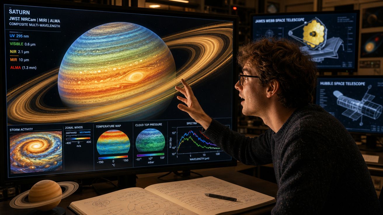 Pessoa olhando para tela com imagem detalhada do planeta Saturno e dados científicos sobre ele