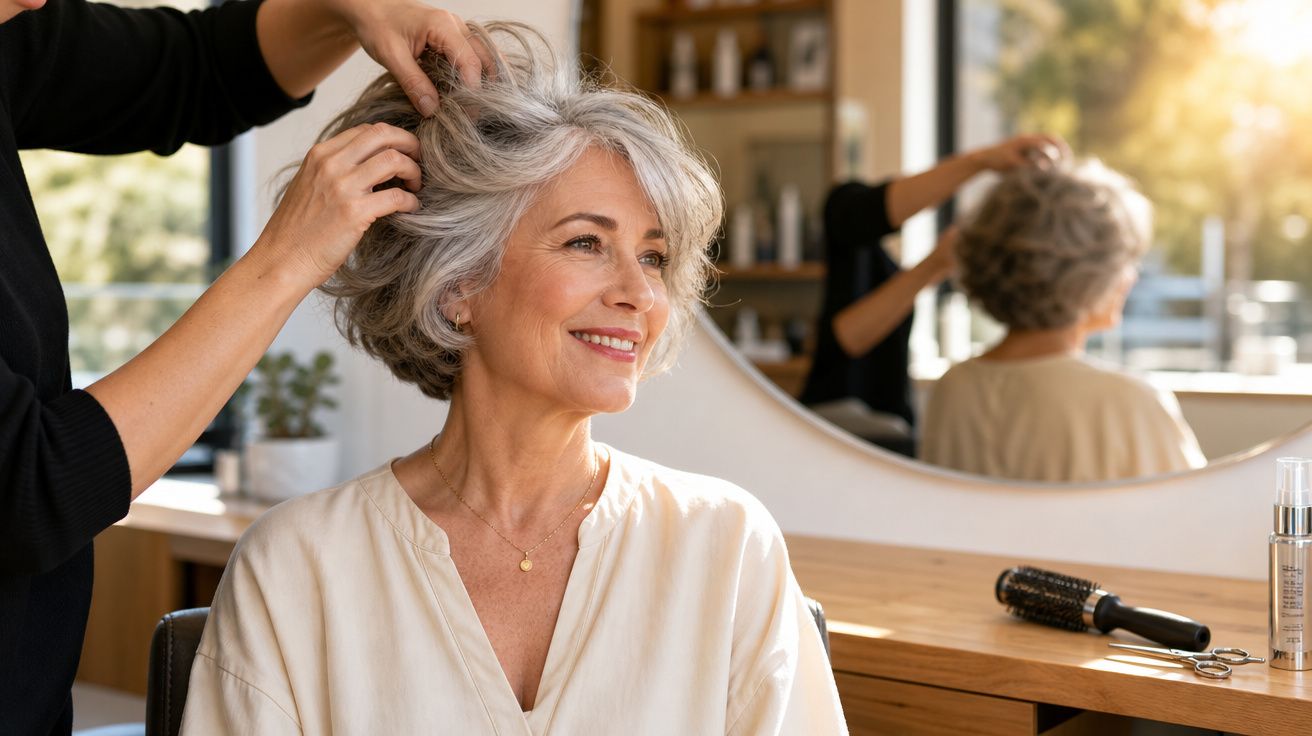 Mulher madura sorridente recebendo penteado em salão de beleza com luz natural ao fundo.