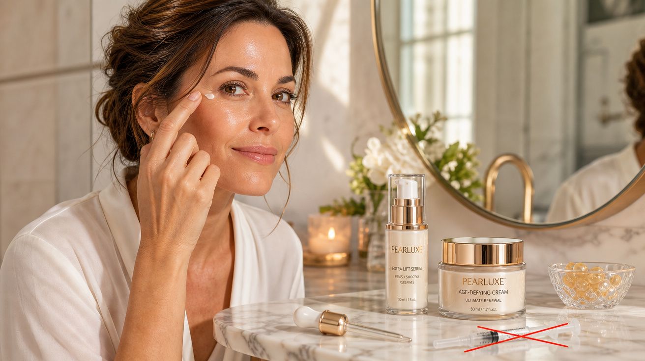 Mulher aplicando creme facial em banheiro com produtos para cuidados com a pele na bancada de mármore.