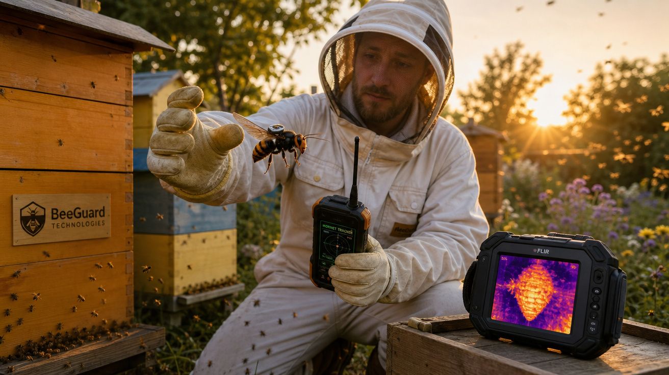 Apicultor com roupa protetora segurando abelha gigante ao pôr do sol, com equipamentos tecnológicos próximos.