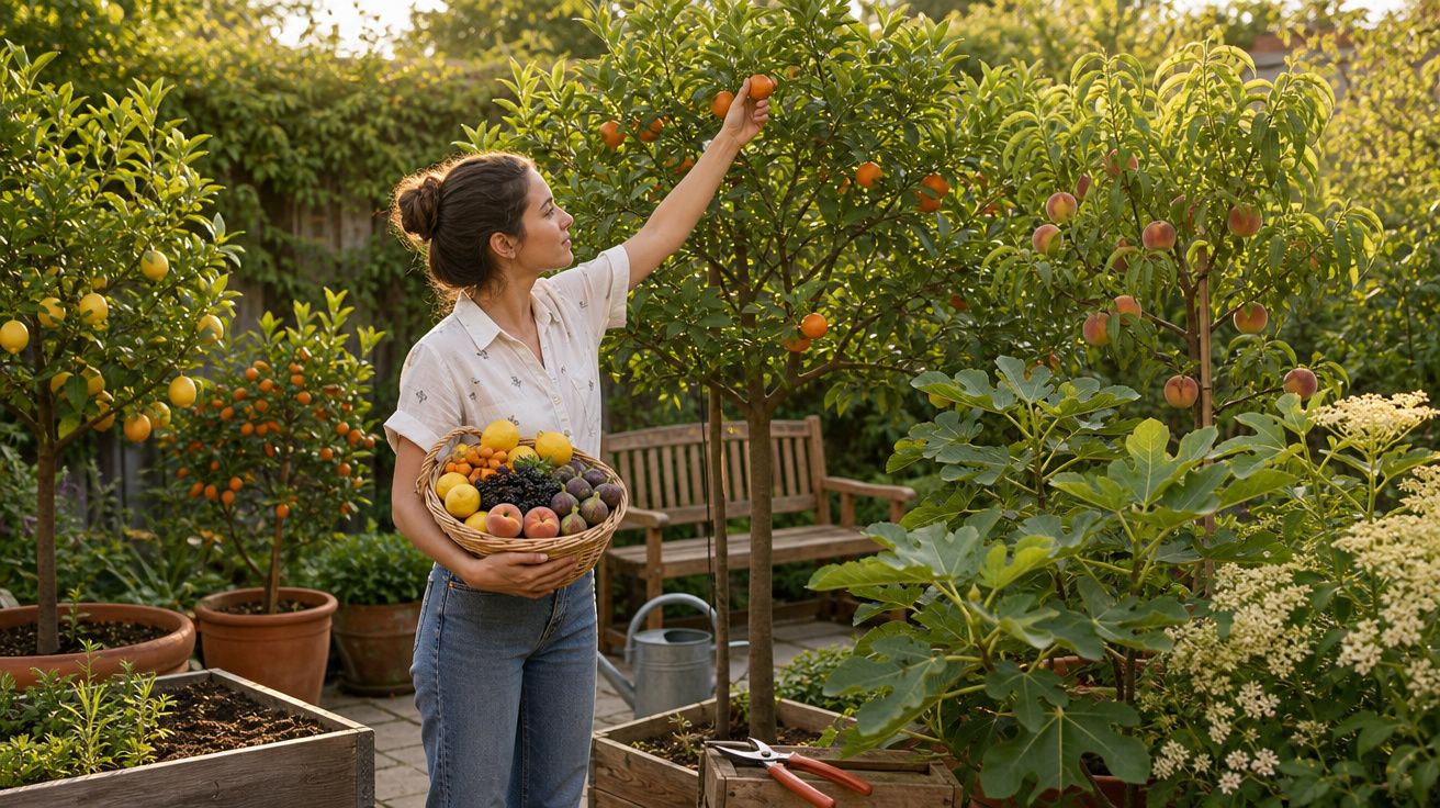 Mulher colhendo frutas de árvore em jardim com cesta cheia de frutas diversas.