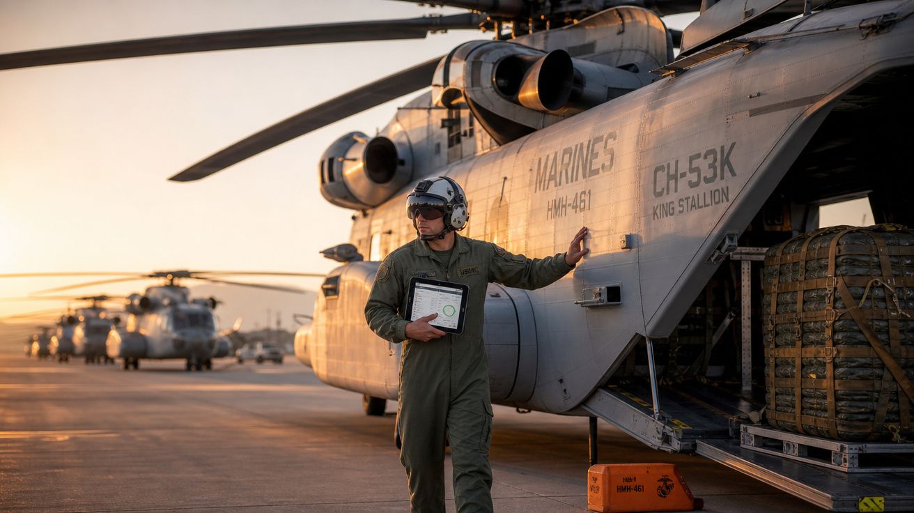 Militar com tablet ao lado de helicóptero militar King Stallion em pista ao pôr do sol.
