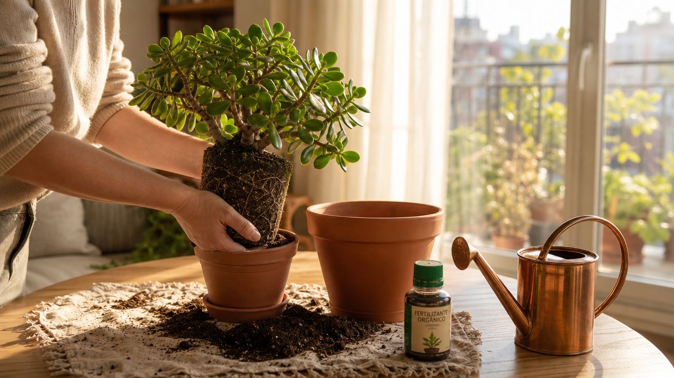 Pessoa transplantando planta suculenta em vaso de barro com fertilizante orgânico e regador ao lado em ambiente iluminado.