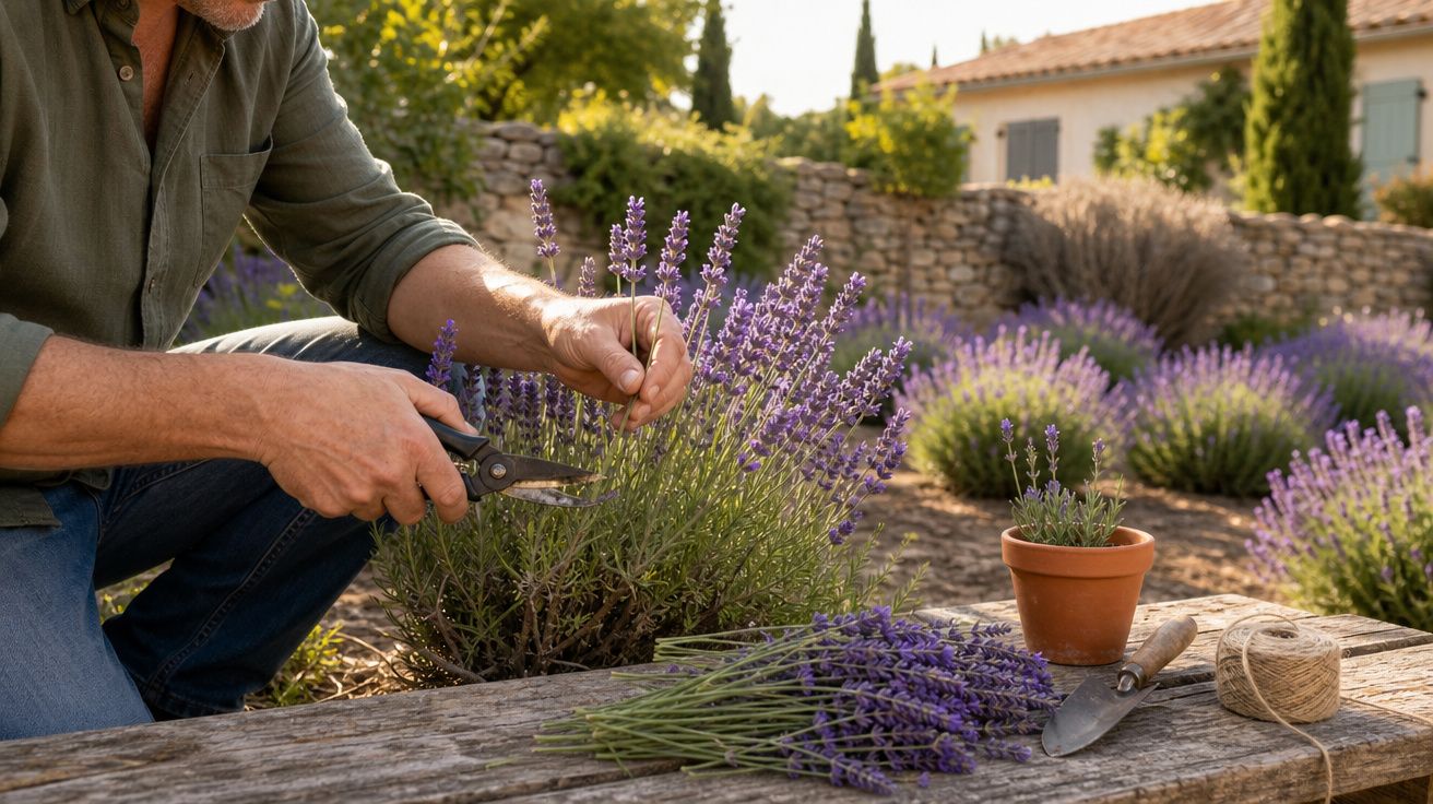 Pessoa colhendo flores de lavanda em jardim ensolarado com ferramentas de jardinagem e vaso de barro.