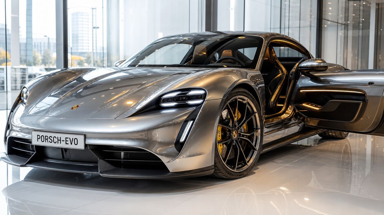 Carro esportivo Porsche Evo cinza prata com porta do motorista aberta em showroom moderno.